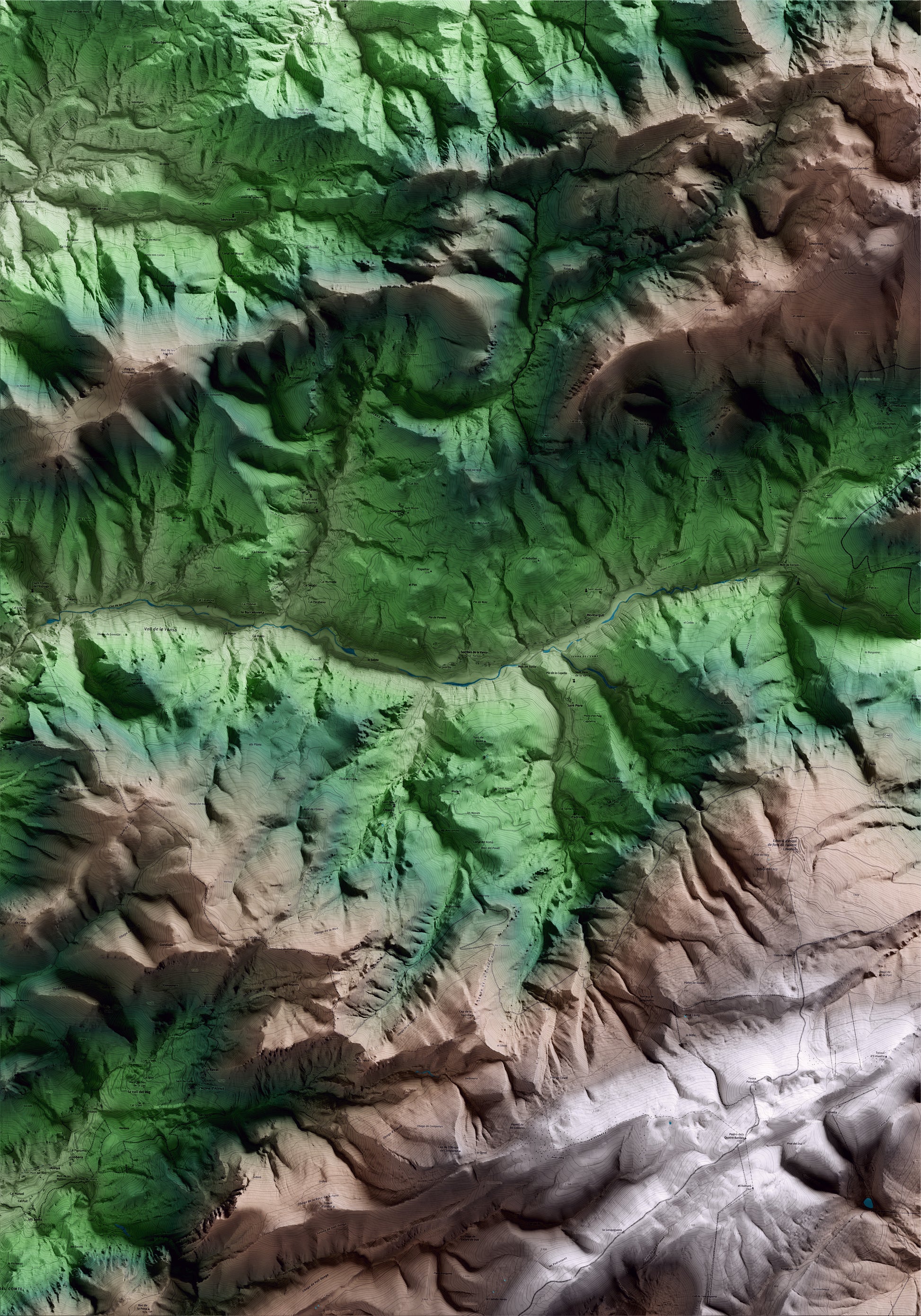 Mapa artístico del relieve de la Vansa i Fórnols, al Alt Urgell, con 15 km de entorno y base topográfica ICGC