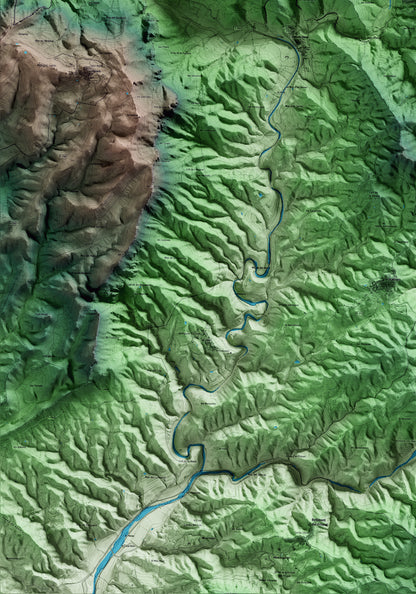Mapa artístico del relieve de la Vilella Alta, al Priorat, con 15 km de entorno y base topográfica ICGC. Detalle de la zona inferior izquierda.