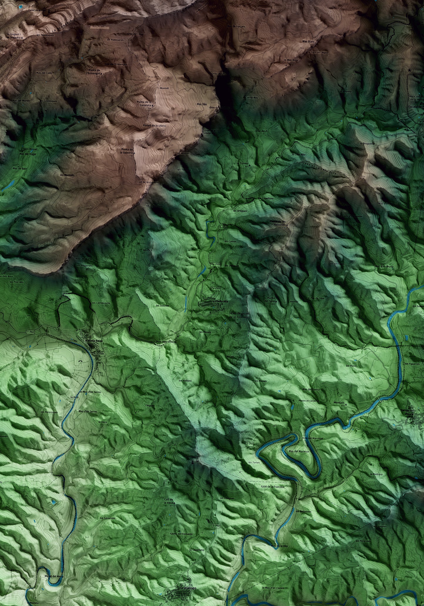 Mapa artístico del relieve de la Vilella Alta, al Priorat, con 15 km de entorno y base topográfica ICGC. Detalle de la zona central.