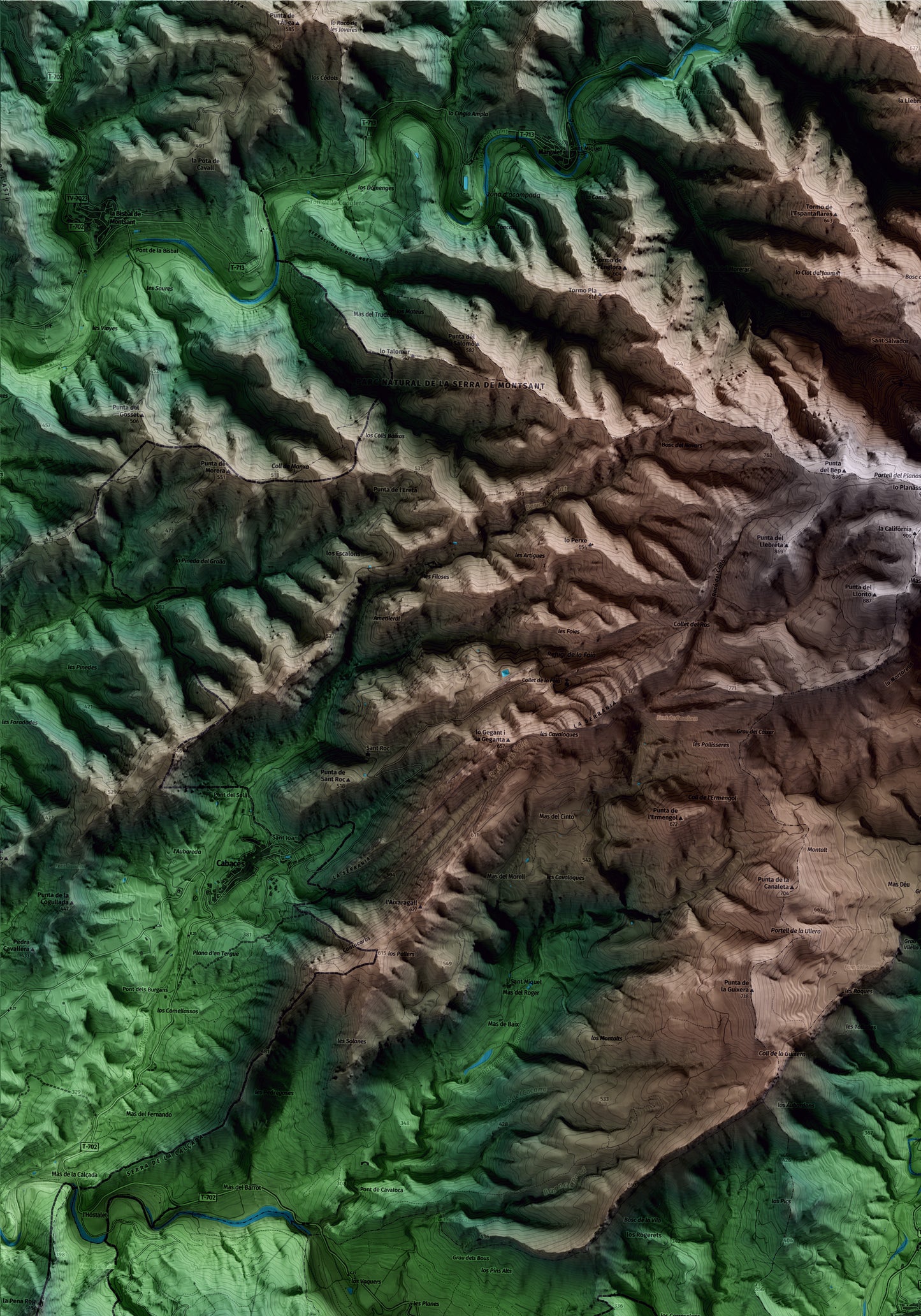 Mapa artístico del relieve de la Vilella Alta, al Priorat, con 15 km de entorno y base topográfica ICGC. Detalle de la zona superior izquierda.