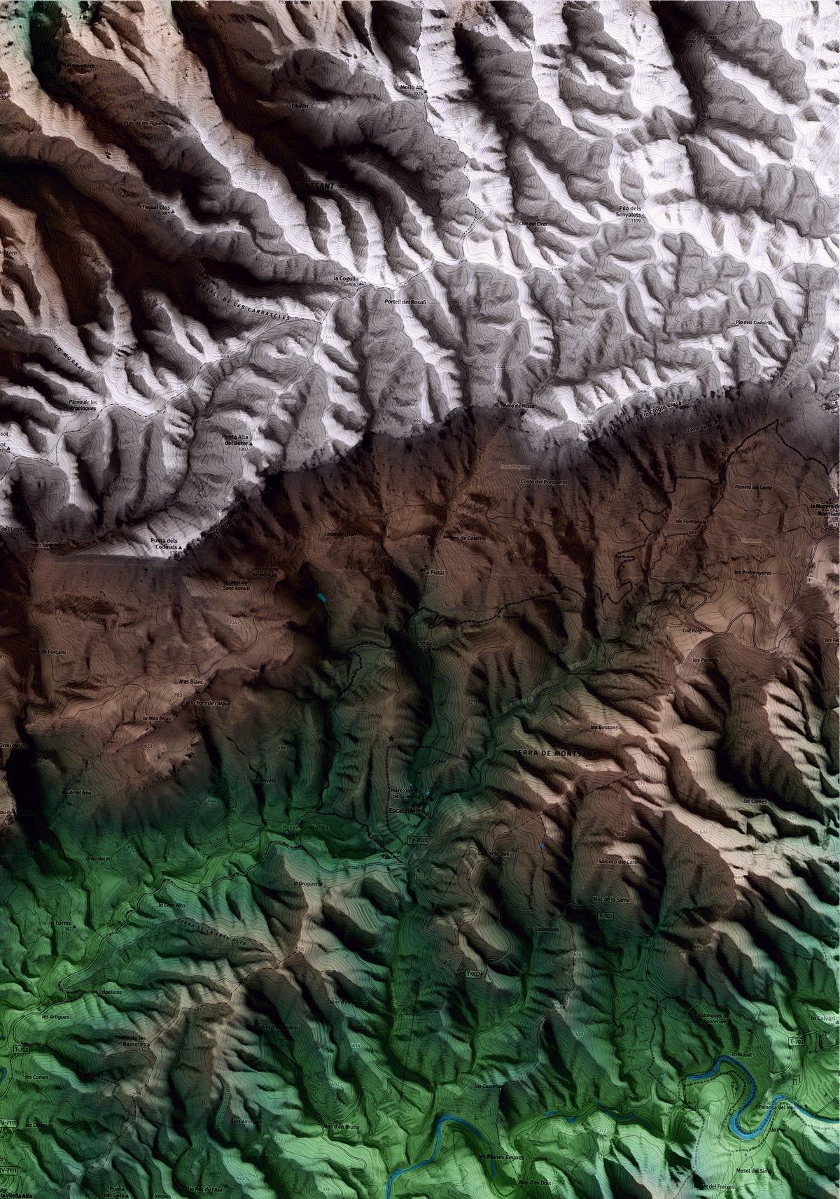 Mapa artístico del relieve de la Vilella Alta, al Priorat, con 15 km de entorno y base topográfica ICGC. Detalle de la zona superior derecha.