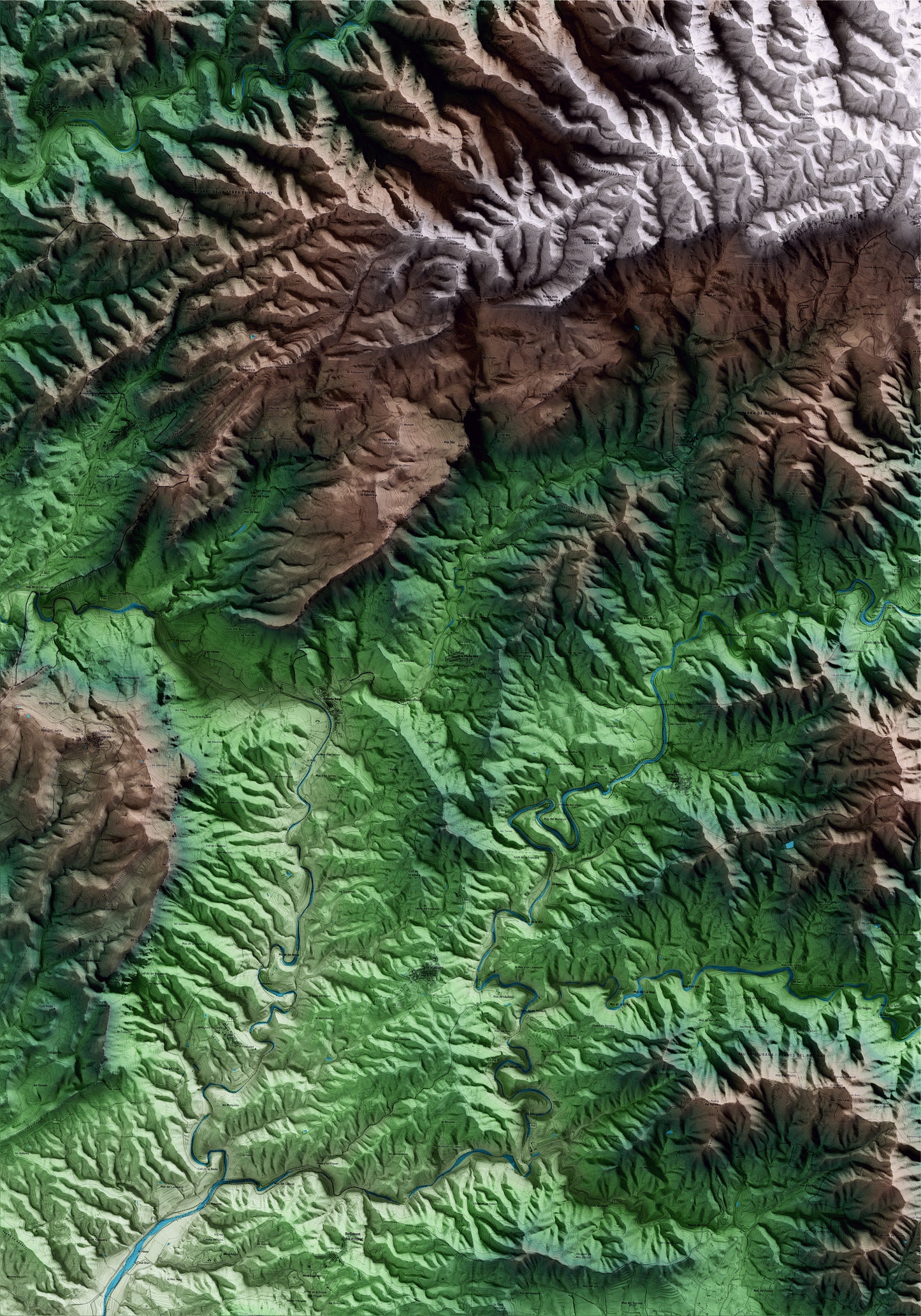 Mapa artístico del relieve de la Vilella Alta, al Priorat, con 15 km de entorno y base topográfica ICGC