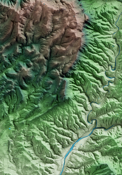 Mapa artístico del relieve de la Vilella Baixa, al Priorat, con 15 km de entorno y base topográfica ICGC. Detalle de la zona inferior izquierda.