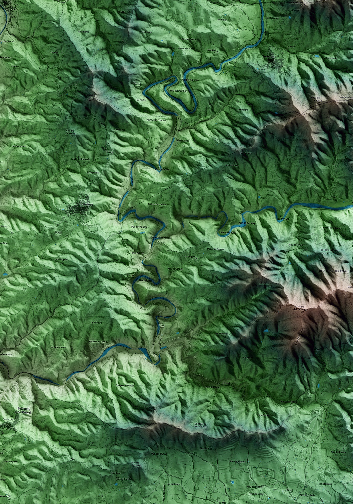 Mapa artístico del relieve de la Vilella Baixa, al Priorat, con 15 km de entorno y base topográfica ICGC. Detalle de la zona inferior derecha.