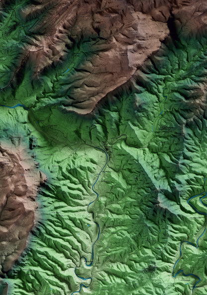 Mapa artístico del relieve de la Vilella Baixa, al Priorat, con 15 km de entorno y base topográfica ICGC. Detalle de la zona central.