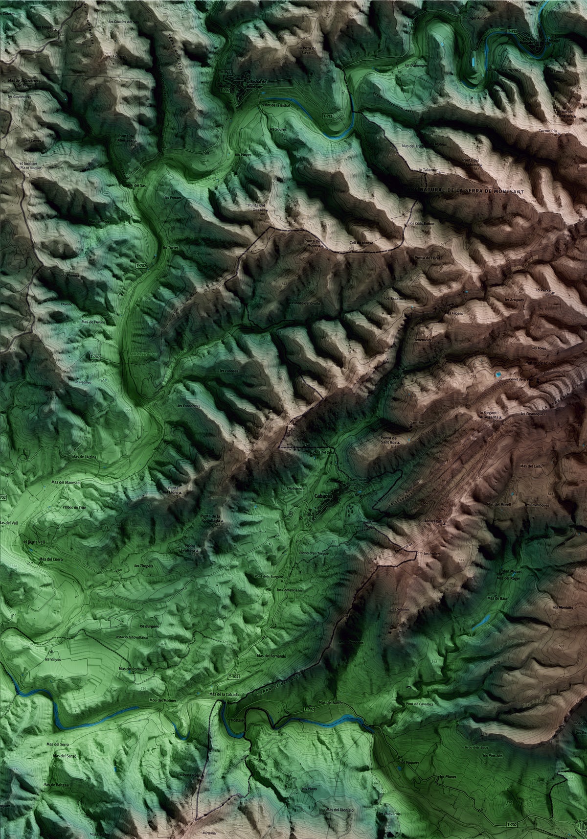 Mapa artístico del relieve de la Vilella Baixa, al Priorat, con 15 km de entorno y base topográfica ICGC. Detalle de la zona superior izquierda.