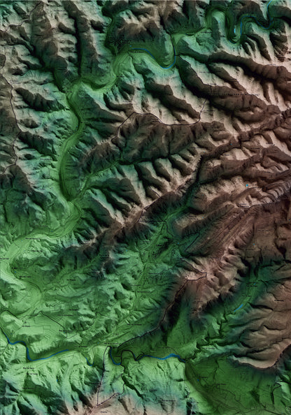 Mapa artístico del relieve de la Vilella Baixa, al Priorat, con 15 km de entorno y base topográfica ICGC. Detalle de la zona superior izquierda.