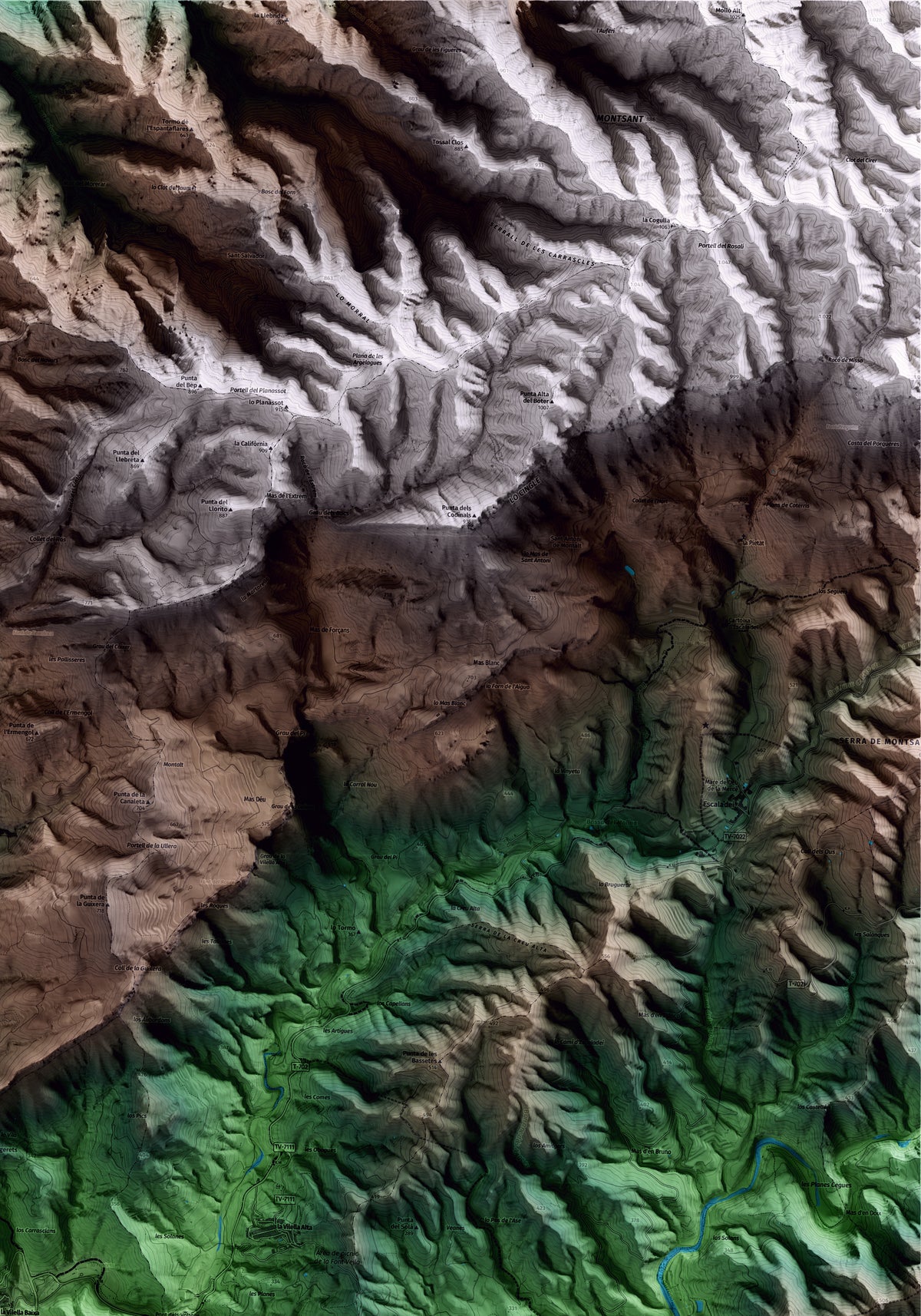 Mapa artístico del relieve de la Vilella Baixa, al Priorat, con 15 km de entorno y base topográfica ICGC. Detalle de la zona superior derecha.