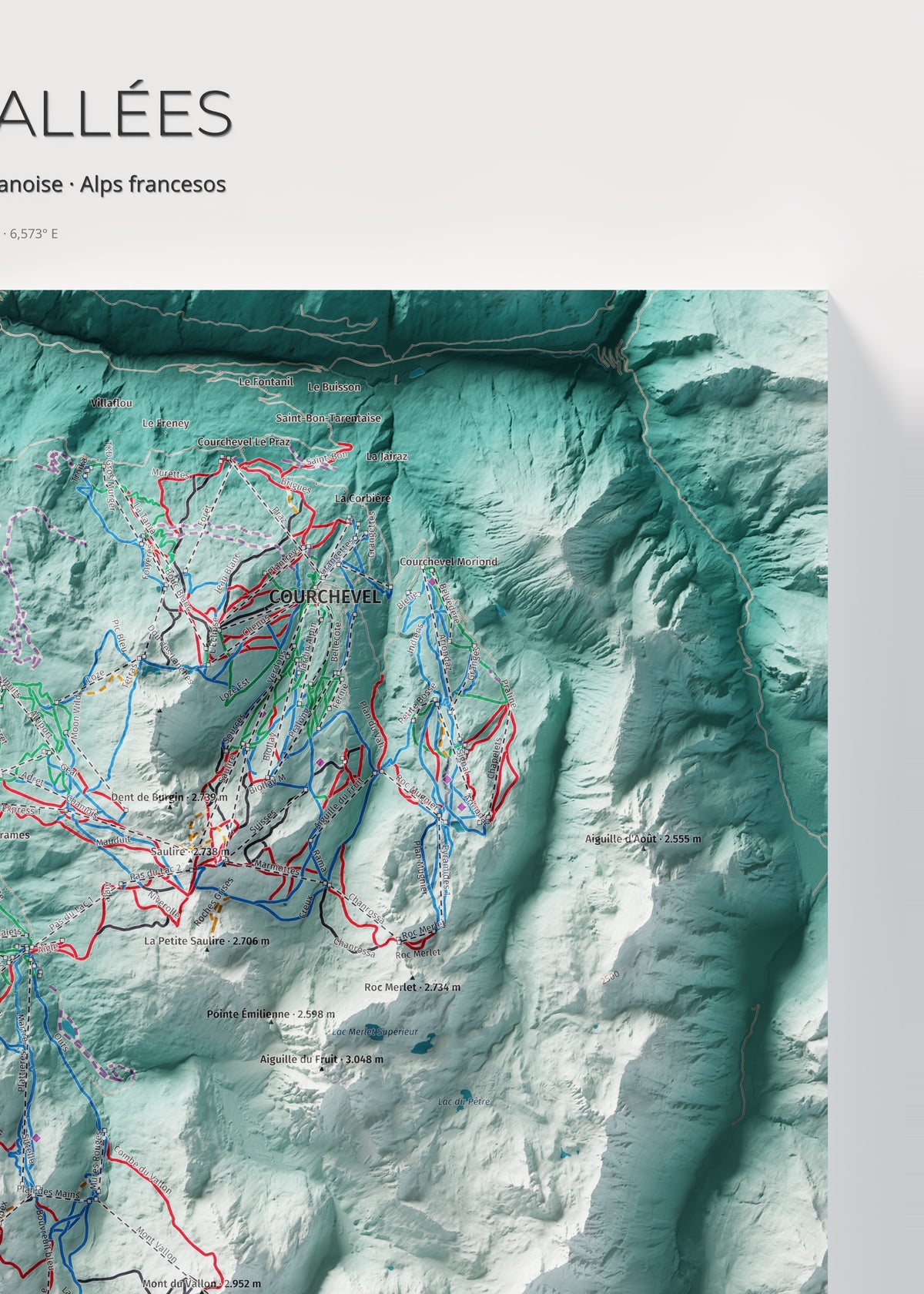Mapa de pistes de Les 3 Vallées · Alpina · 50 × 70 cm. Detall del quadrant superior dret.