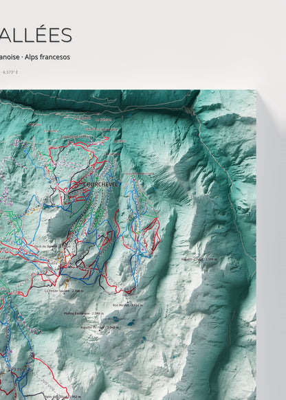 Mapa de pistes de Les 3 Vallées · Alpina · 50 × 70 cm. Detall del quadrant superior dret.