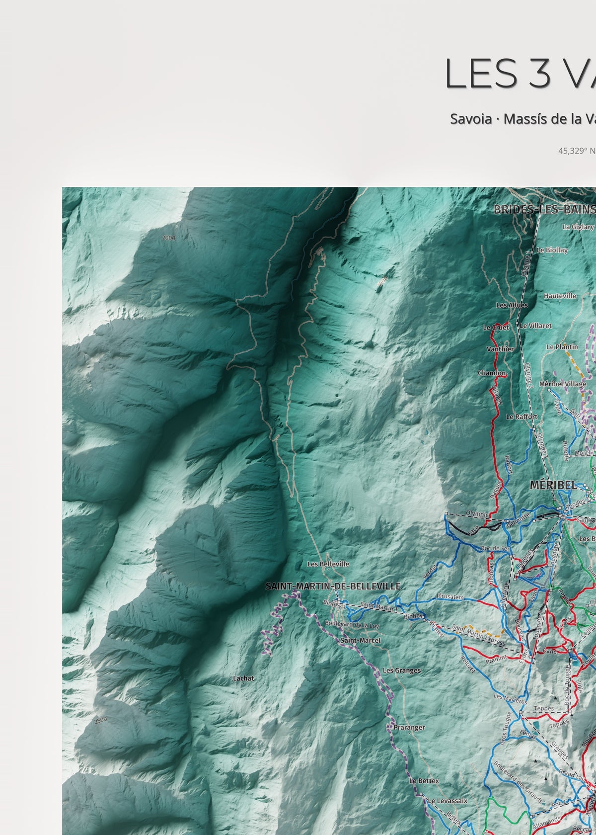 Mapa de pistes de Les 3 Vallées · Alpina · 50 × 70 cm. Detall del quadrant superior esquerre.
