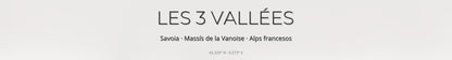 Mapa de pistes de Les 3 Vallées · 50 × 70 cm. Detall del títol i les coordenades.