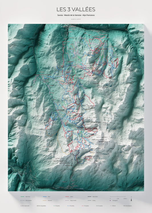 Mapa de pistas de Les 3 Vallées · Alpina · 50 × 70 cm. Lámina completa.