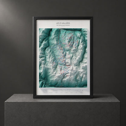 Mapa de pistes de Les 3 Vallées · Alpina · 50 × 70 cm. Làmina emmarcada en negre sobre un pedestal.