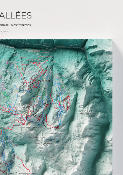 Mapa de pistes de Les 3 Vallées · Alpina · 70 × 100 cm. Detall del quadrant superior dret.