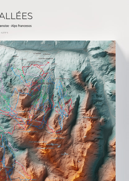 Mapa de pistes de Les 3 Vallées · Contrastat · 50 × 70 cm. Detall del quadrant superior dret.