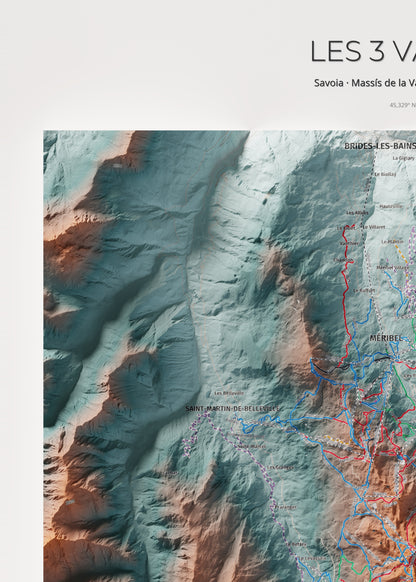 Mapa de pistes de Les 3 Vallées · Contrastat · 50 × 70 cm. Detall del quadrant superior esquerre.