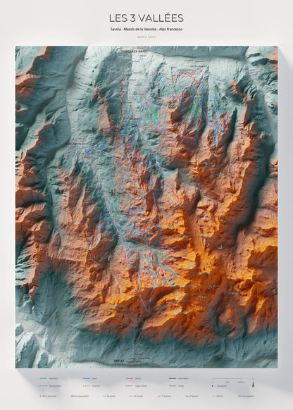 Mapa de pistes de Les 3 Vallées · Contrastat · 50 × 70 cm. Làmina sencera.
