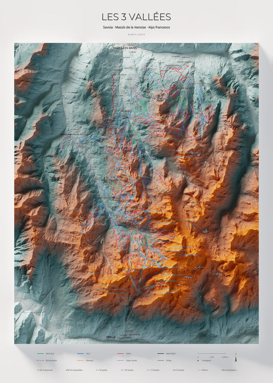 Mapa de pistas de Les 3 Vallées · Contrastado · 50 × 70 cm. Lámina completa.