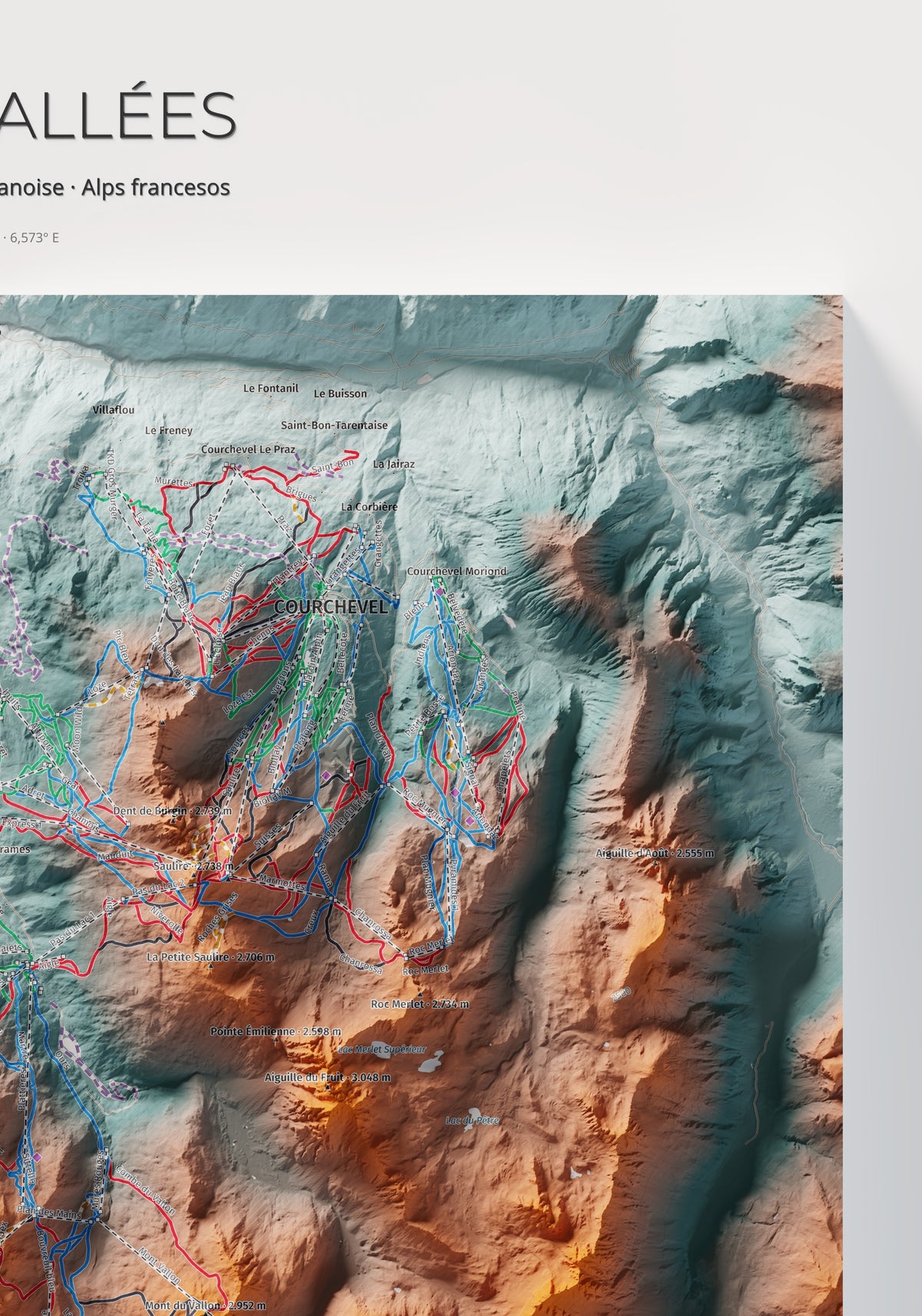 Mapa de pistes de Les 3 Vallées · Contrastat · 70 × 100 cm. Detall del quadrant superior dret.