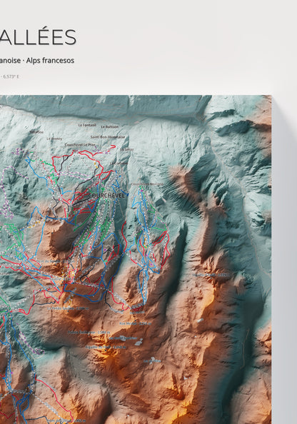 Mapa de pistes de Les 3 Vallées · Contrastat · 70 × 100 cm. Detall del quadrant superior dret.