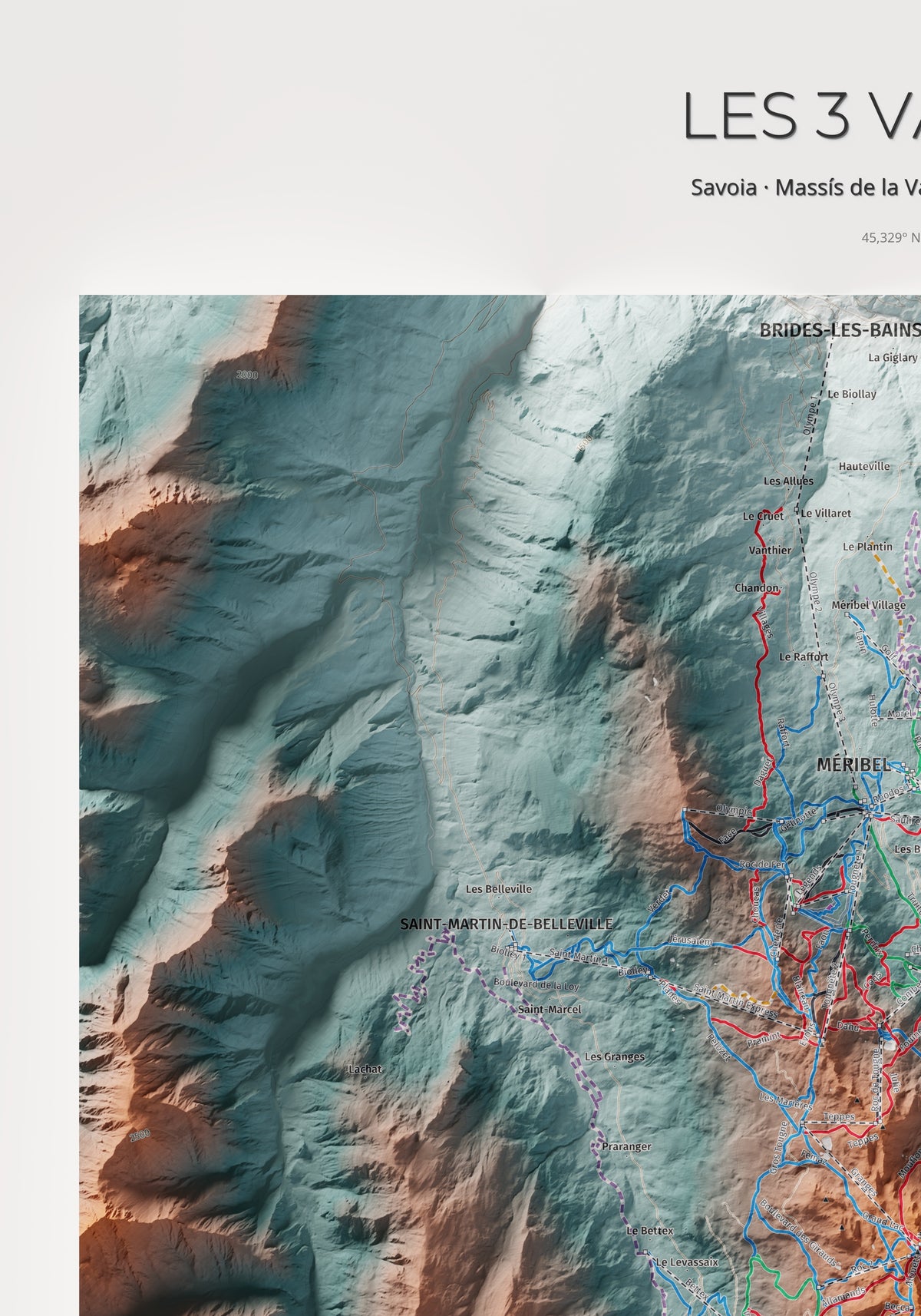 Mapa de pistes de Les 3 Vallées · Contrastat · 70 × 100 cm. Detall del quadrant superior esquerre.