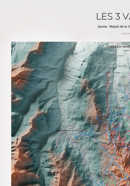 Mapa de pistes de Les 3 Vallées · Contrastat · 70 × 100 cm. Detall del quadrant superior esquerre.