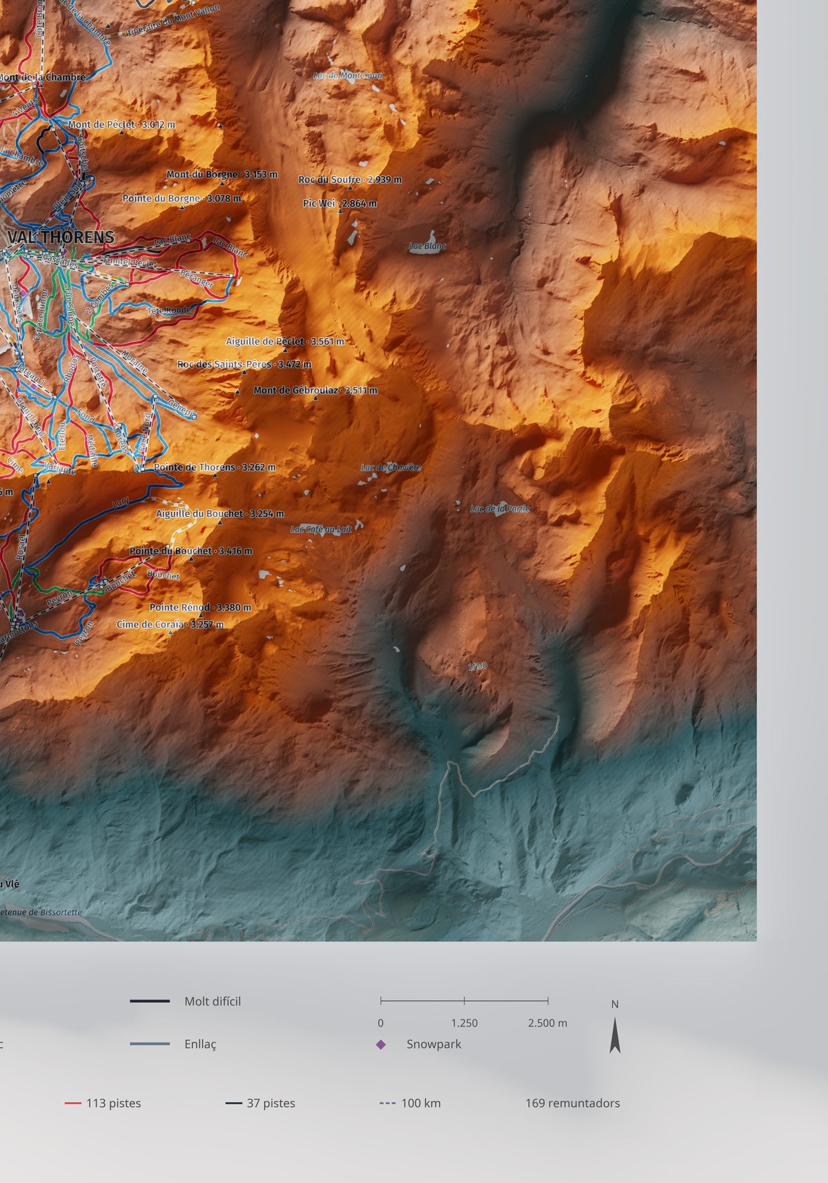 Mapa de pistes de Les 3 Vallées · Contrastat · 70 × 100 cm. Detall del quadrant inferior dret.