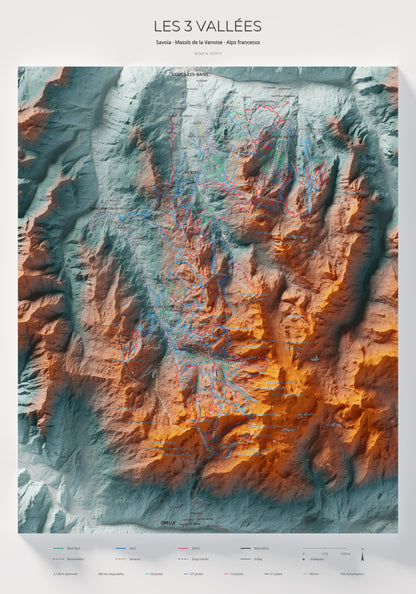 Mapa de pistes de Les 3 Vallées · Contrastat · 70 × 100 cm. Làmina sencera.