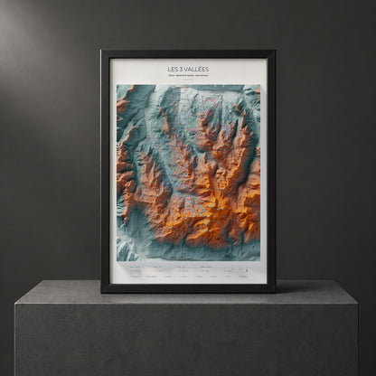 Mapa de pistes de Les 3 Vallées · Contrastat · 70 × 100 cm. Làmina emmarcada en negre sobre un pedestal.