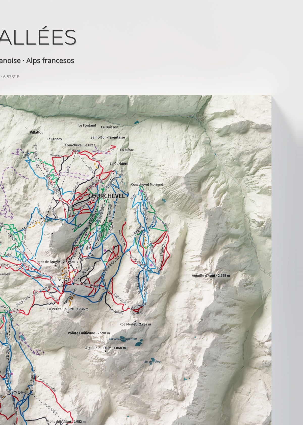 Mapa de pistes de Les 3 Vallées · Cartogràfic · 50 × 70 cm. Detall del quadrant superior dret.
