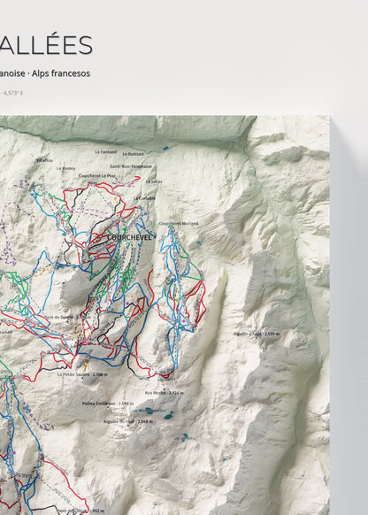 Mapa de pistes de Les 3 Vallées · Cartogràfic · 50 × 70 cm. Detall del quadrant superior dret.