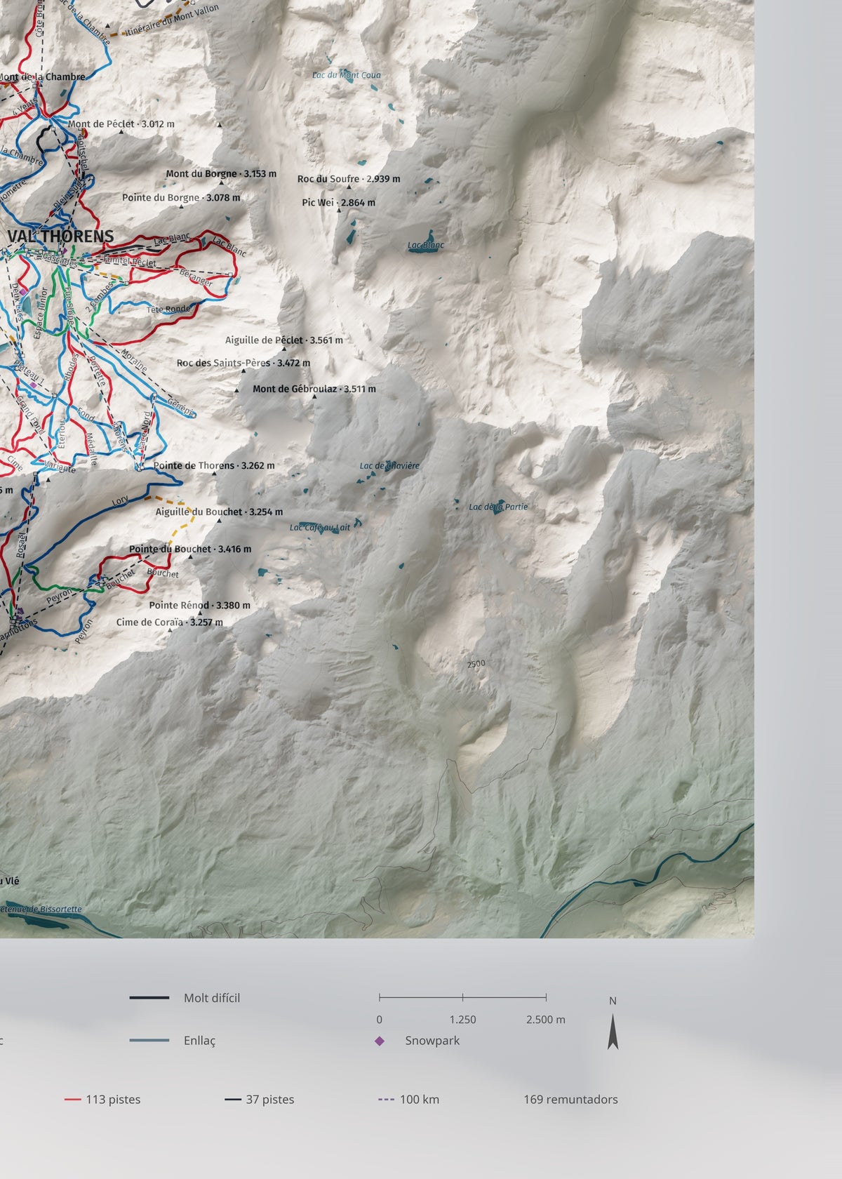 Mapa de pistes de Les 3 Vallées · Cartogràfic · 50 × 70 cm. Detall del quadrant inferior dret.