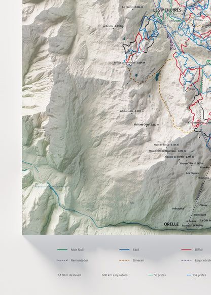 Mapa de pistes de Les 3 Vallées · Cartogràfic · 50 × 70 cm. Detall del quadrant inferior esquerre.
