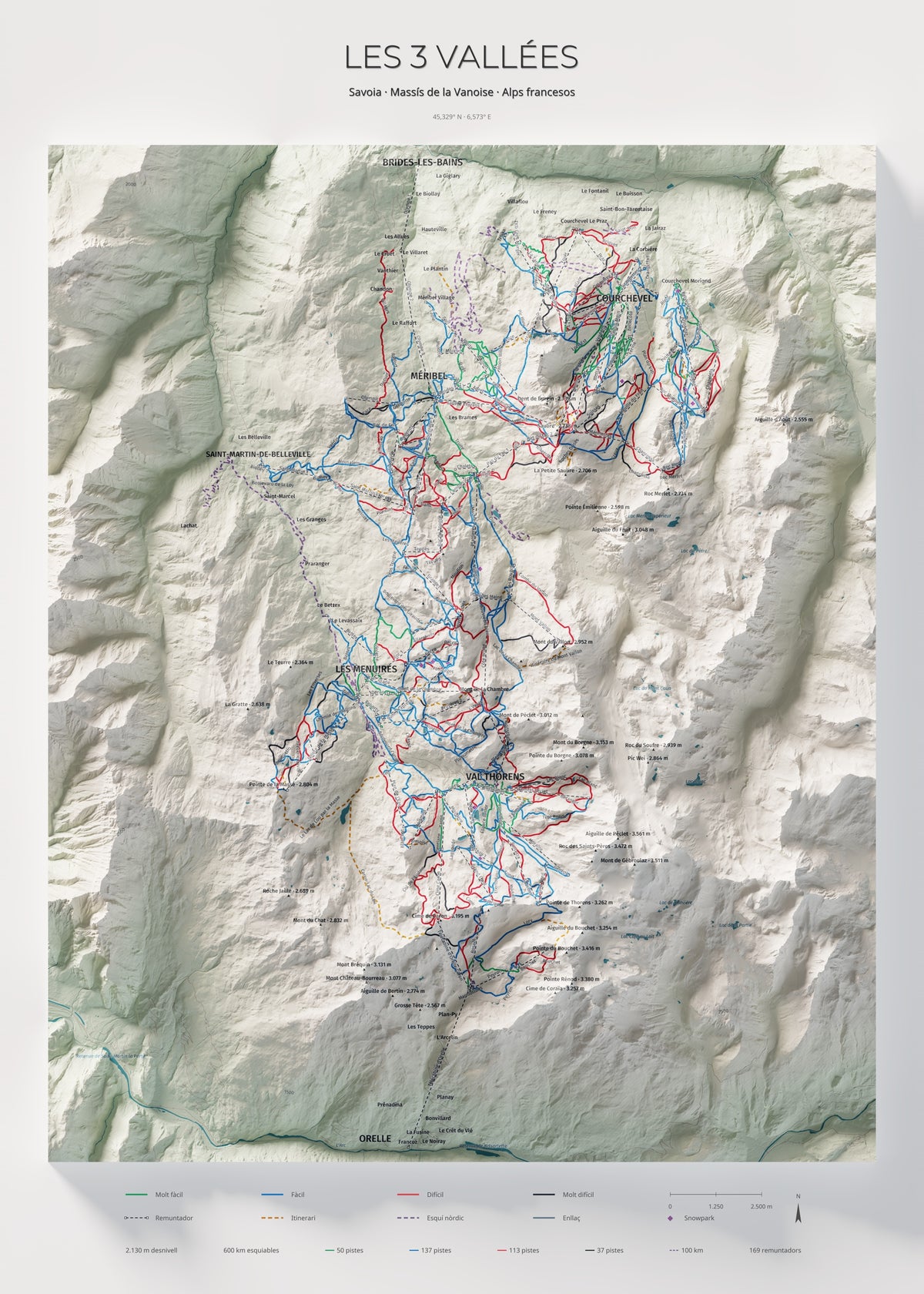 Mapa de pistes de Les 3 Vallées · Cartogràfic · 50 × 70 cm. Làmina sencera.