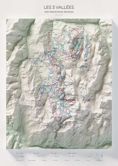 Mapa de pistes de Les 3 Vallées · Cartogràfic · 50 × 70 cm. Làmina sencera.