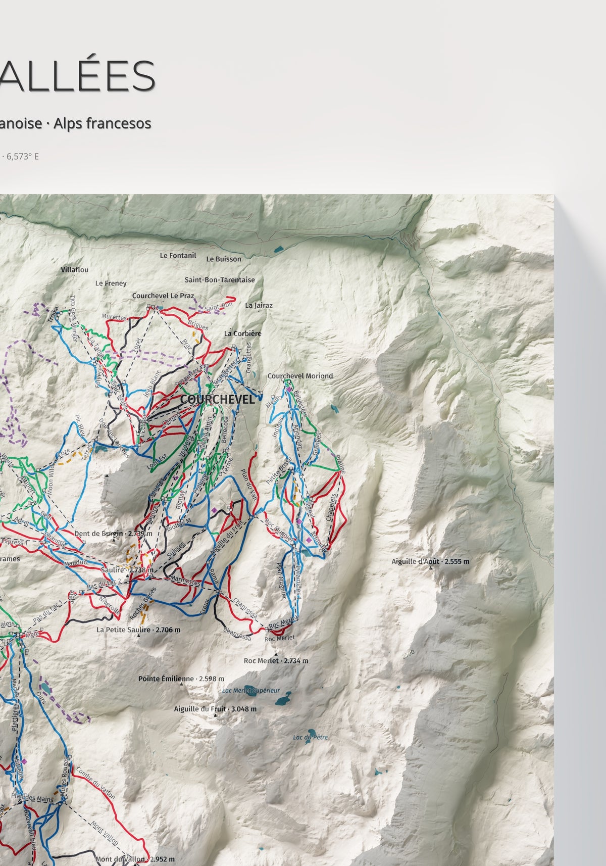 Mapa de pistes de Les 3 Vallées · Cartogràfic · 70 × 100 cm. Detall del quadrant superior dret.
