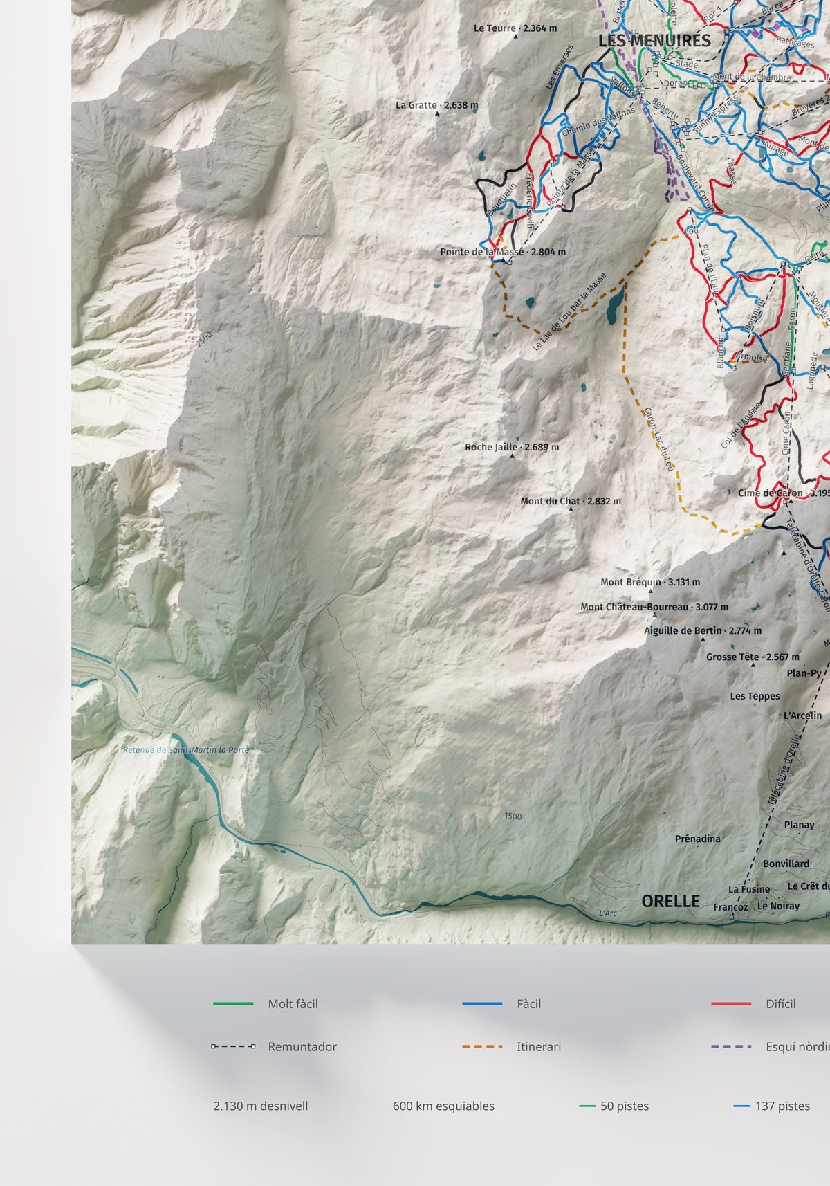Mapa de pistes de Les 3 Vallées · Cartogràfic · 70 × 100 cm. Detall del quadrant inferior esquerre.