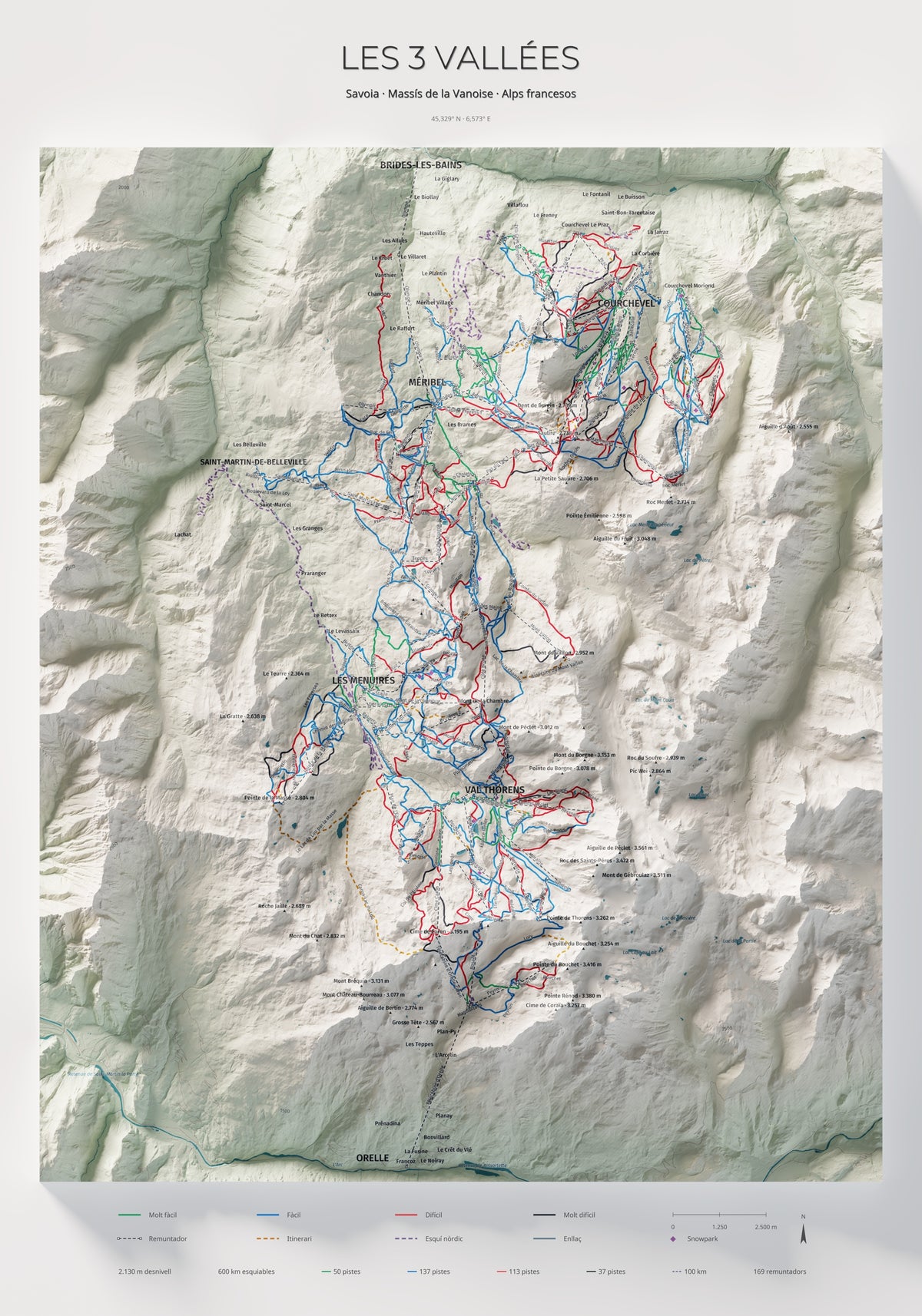 Mapa de pistes de Les 3 Vallées · Cartogràfic · 70 × 100 cm. Làmina sencera.