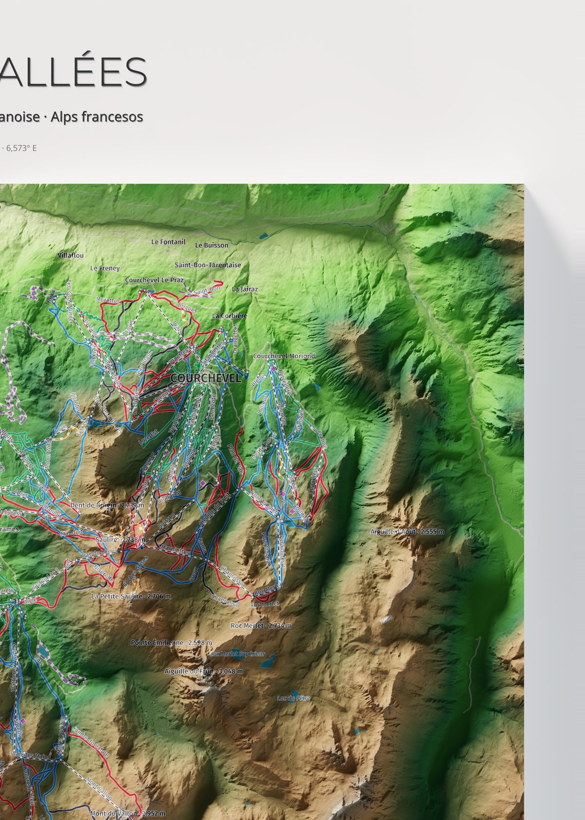 Mapa de pistes de Les 3 Vallées · Clàssic · 50 × 70 cm. Detall del quadrant superior dret.