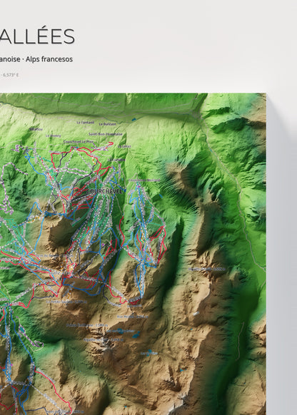 Mapa de pistes de Les 3 Vallées · Clàssic · 50 × 70 cm. Detall del quadrant superior dret.