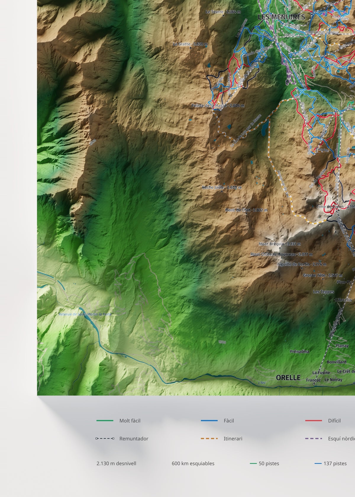 Mapa de pistes de Les 3 Vallées · Clàssic · 50 × 70 cm. Detall del quadrant inferior esquerre.