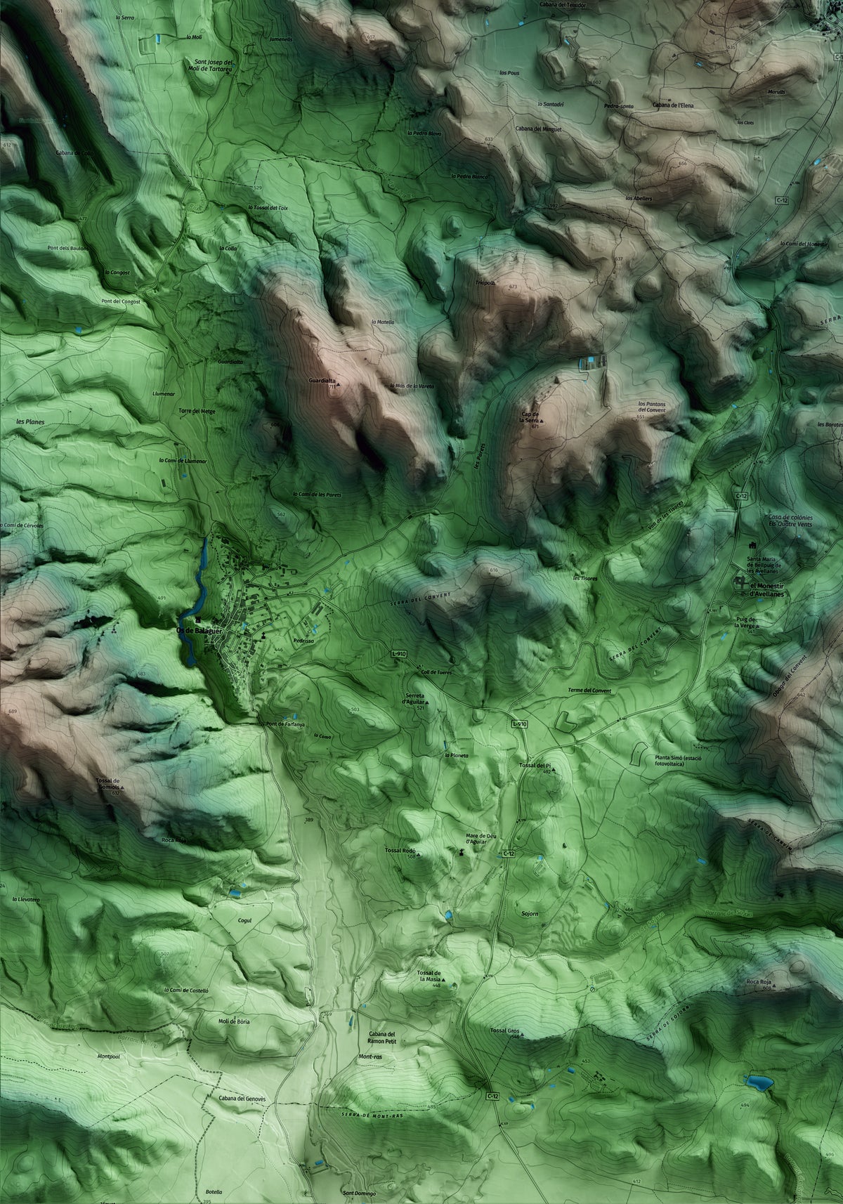 Mapa artístico del relieve de les Avellanes i Santa Linya, a la Noguera, con 15 km de entorno y base topográfica ICGC. Detalle de la zona inferior izquierda.