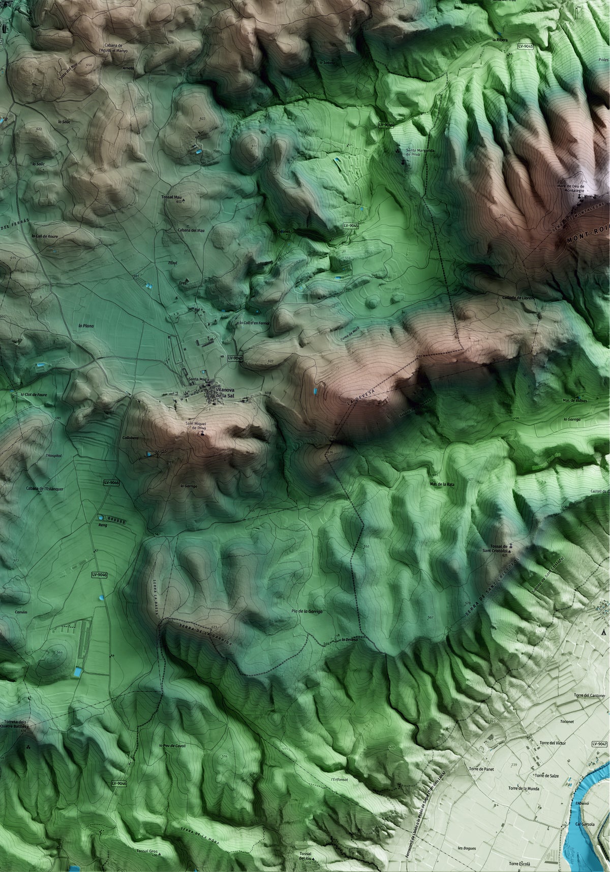 Mapa artístico del relieve de les Avellanes i Santa Linya, a la Noguera, con 15 km de entorno y base topográfica ICGC. Detalle de la zona inferior derecha.