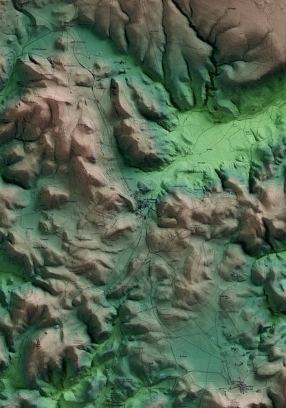 Mapa artístico del relieve de les Avellanes i Santa Linya, a la Noguera, con 15 km de entorno y base topográfica ICGC. Detalle de la zona central.