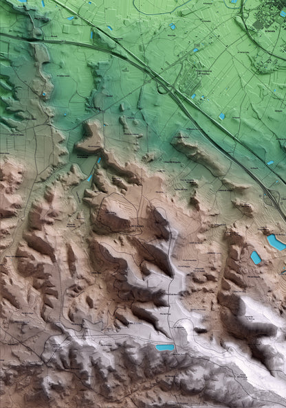 Mapa artístico del relieve de les Borges Blanques, a las Garrigues, con 15 km de entorno y base topográfica ICGC. Detalle de la zona inferior izquierda.