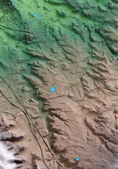 Mapa artístico del relieve de les Borges Blanques, a las Garrigues, con 15 km de entorno y base topográfica ICGC. Detalle de la zona inferior derecha.