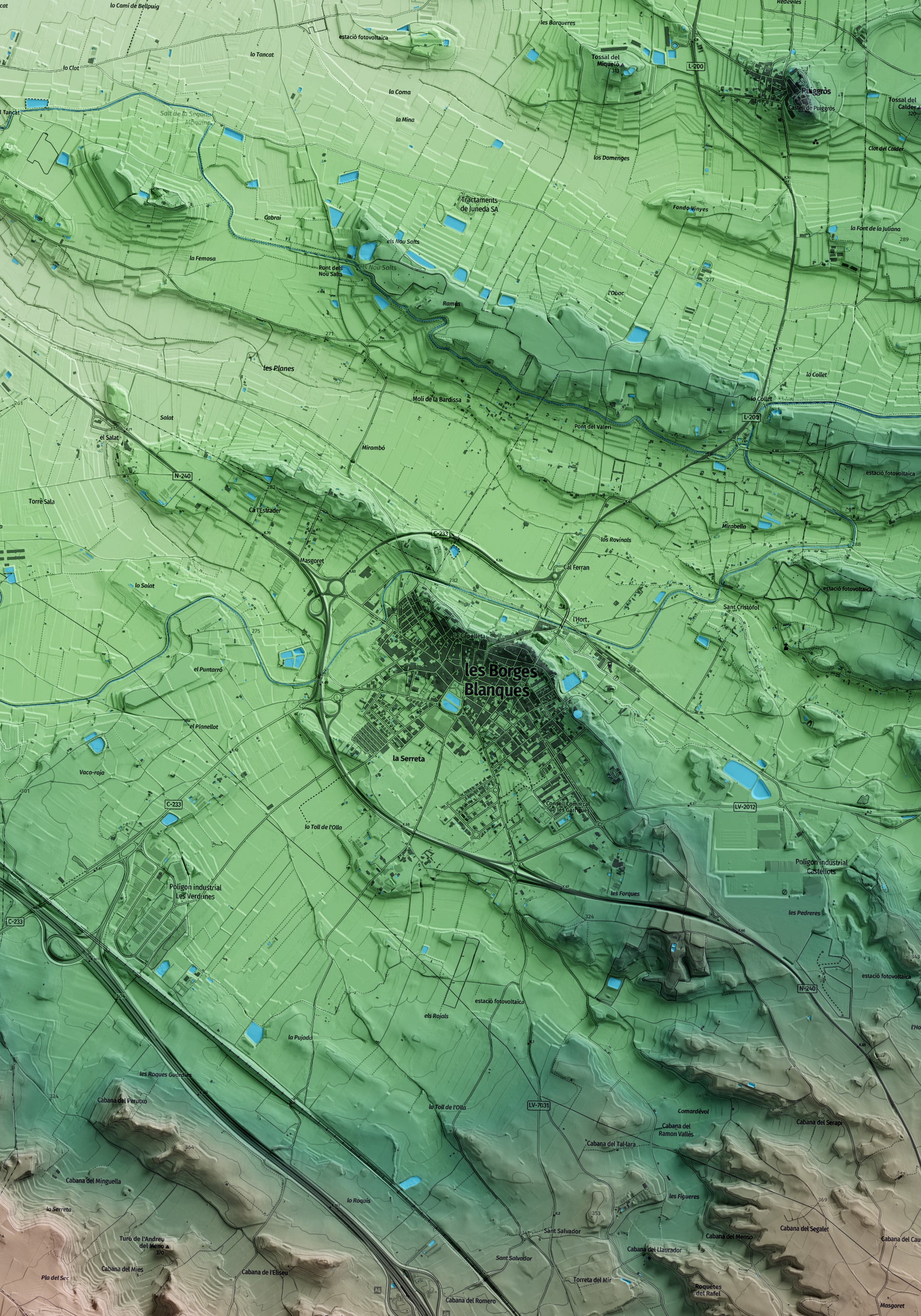 Mapa artístico del relieve de les Borges Blanques, a las Garrigues, con 15 km de entorno y base topográfica ICGC. Detalle de la zona central.