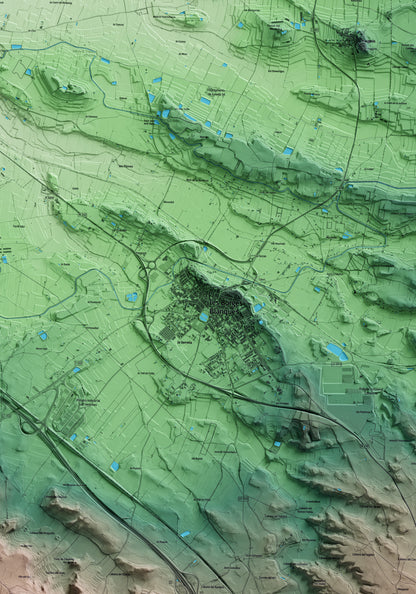 Mapa artístico del relieve de les Borges Blanques, a las Garrigues, con 15 km de entorno y base topográfica ICGC. Detalle de la zona central.