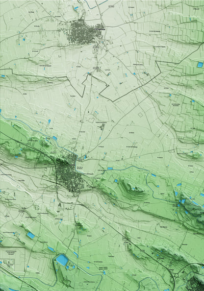 Mapa artístico del relieve de les Borges Blanques, a las Garrigues, con 15 km de entorno y base topográfica ICGC. Detalle de la zona superior izquierda.